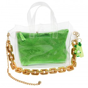 BAG -TOTE- CLEAR WITH GOLD CHAIN,METALLIC LARGE POUCH & KEYRING "ALEX KATSAITI X STYLISHIOUS"